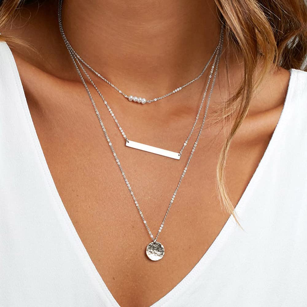 Silver Necklace for Women - Dainty Layering Simulated Pearls Bar Necklace Hammered Disc Pendant Silver Layered Necklaces for Women