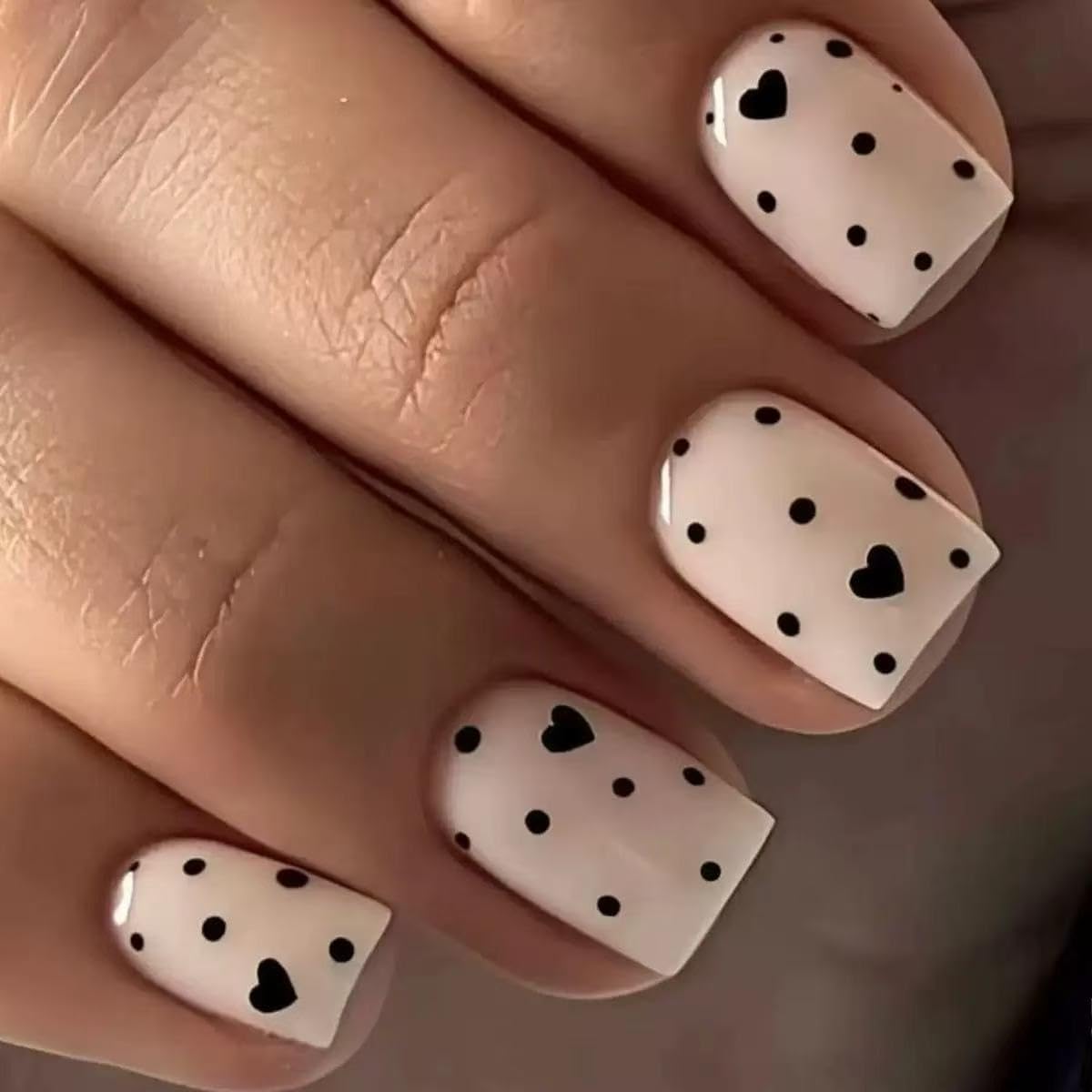 Square Press on Nails Short Fake Nails with Black Heart Spot Design Full Cover Glossy Stick on False Nails for Women 24 Pcs