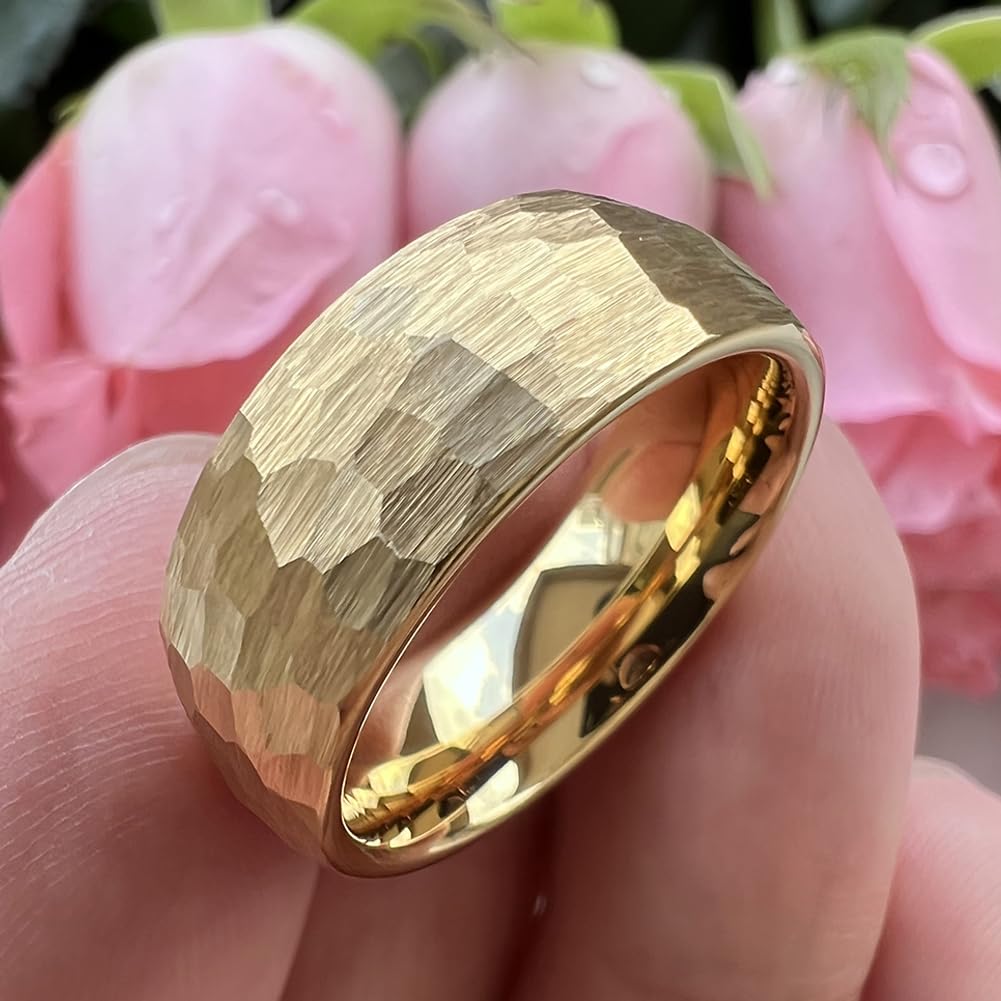 TUTISS 8mm Gold Hammered Tungsten Rings for Men Women Engagement Wedding Bands Domed I Love You Engraved Comfort Fit Size 8