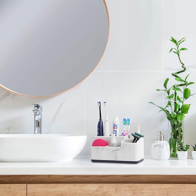 VITVITI Toothbrush Holder for Bathroom, Bathroom Storage Organizer, Small Counter Stand Accessories, for Toothpaste/Vanity Countertop, 5 Compartments Drainage Organization, White Resin of Marble Color