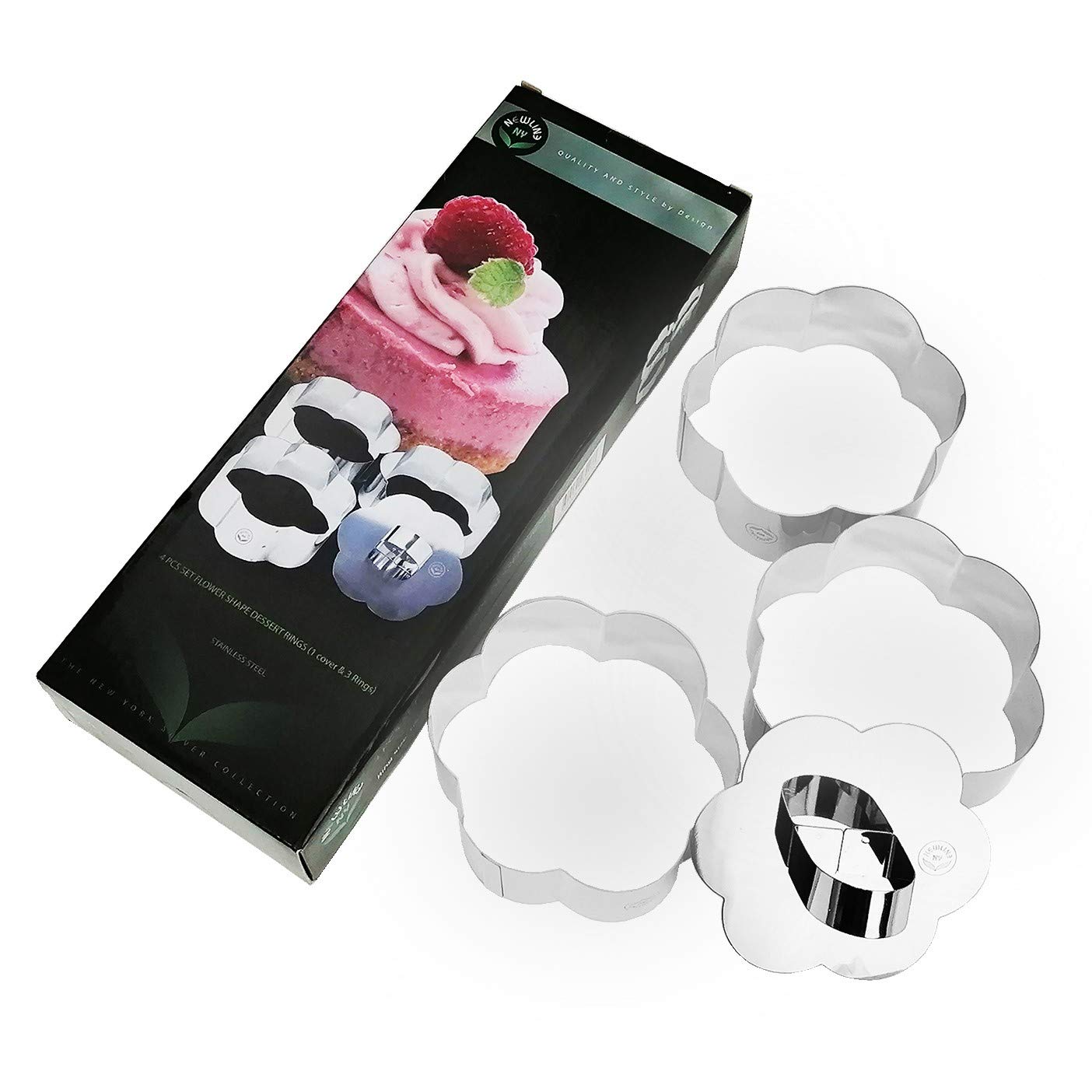 NewlineNY Stainless Steel Dessert Rings (4 Pcs) Flower Shape Molded Appetizers Salads Pastries Mousse Molding Layering Cutter