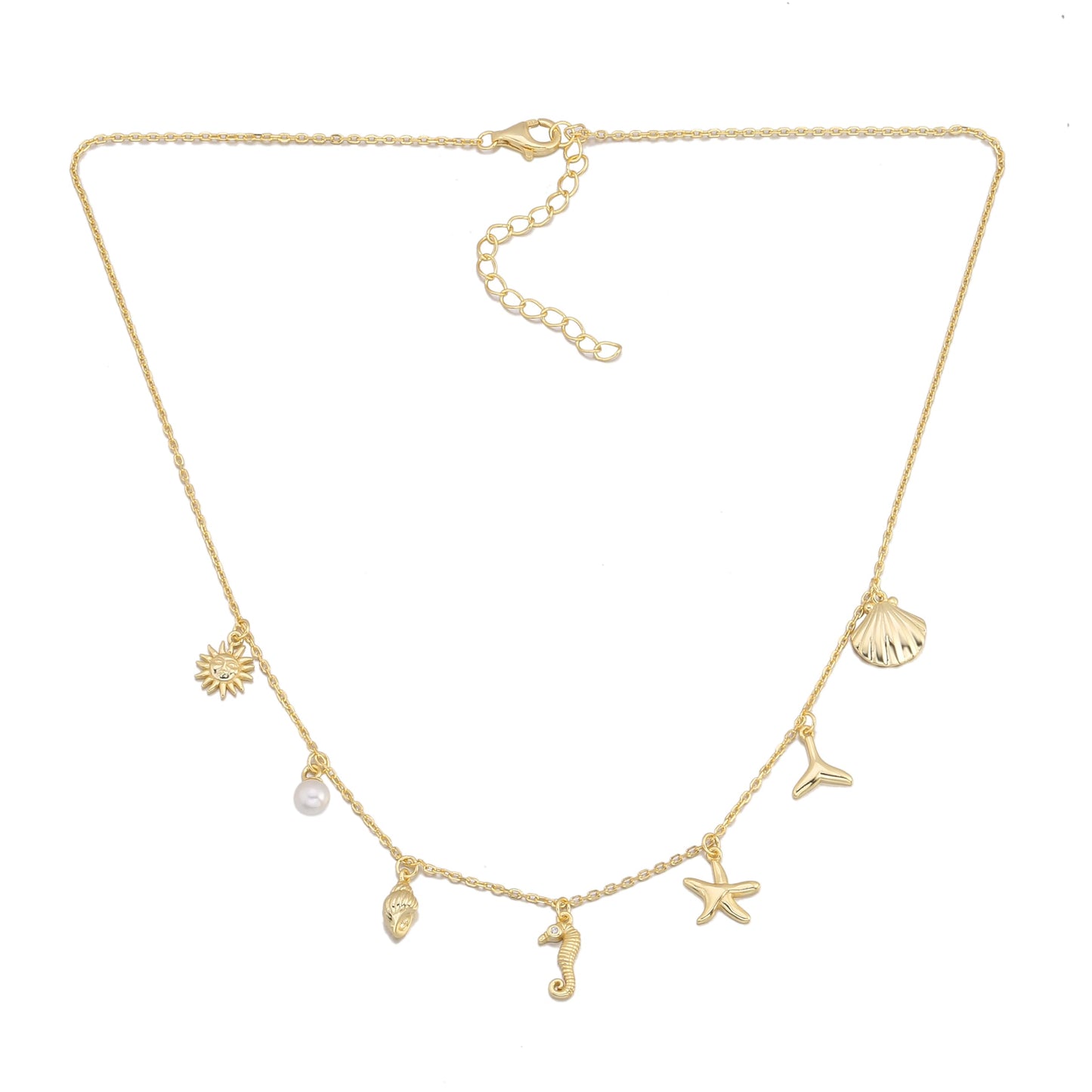 Ocean Charm Necklace for Women - 14K Gold Plated Sterling Silver with Shell Starfish Seahorse Pearl Whale Tail Charms, Adjustable 16-18 Inch Chain, Delicate Beach Jewelry