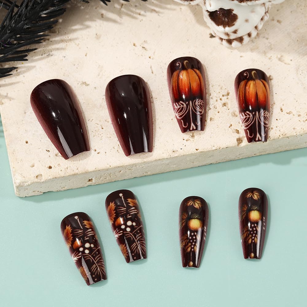 Fall Press on Nails Brown Coffin Nail Press ons Medium Length Maple Leaves Fake Nails with Pumpkin Design Halloween Glue on Nails Gradient Autumn False Nail for Women
