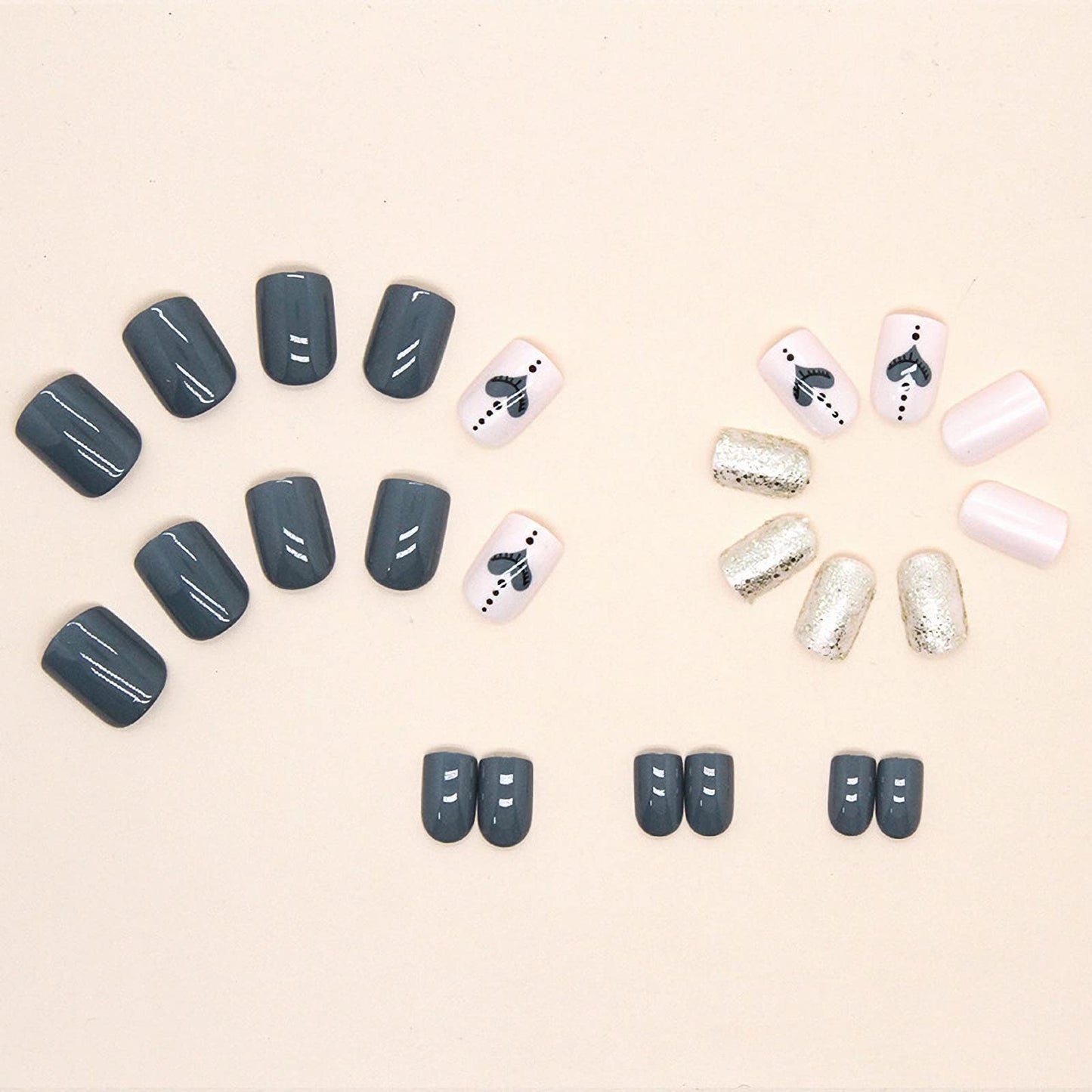 MISUD Press on Nails - Short Square Fake Nails with Gray Blue, Acrylic Bling Glitter Design 24 pcs
