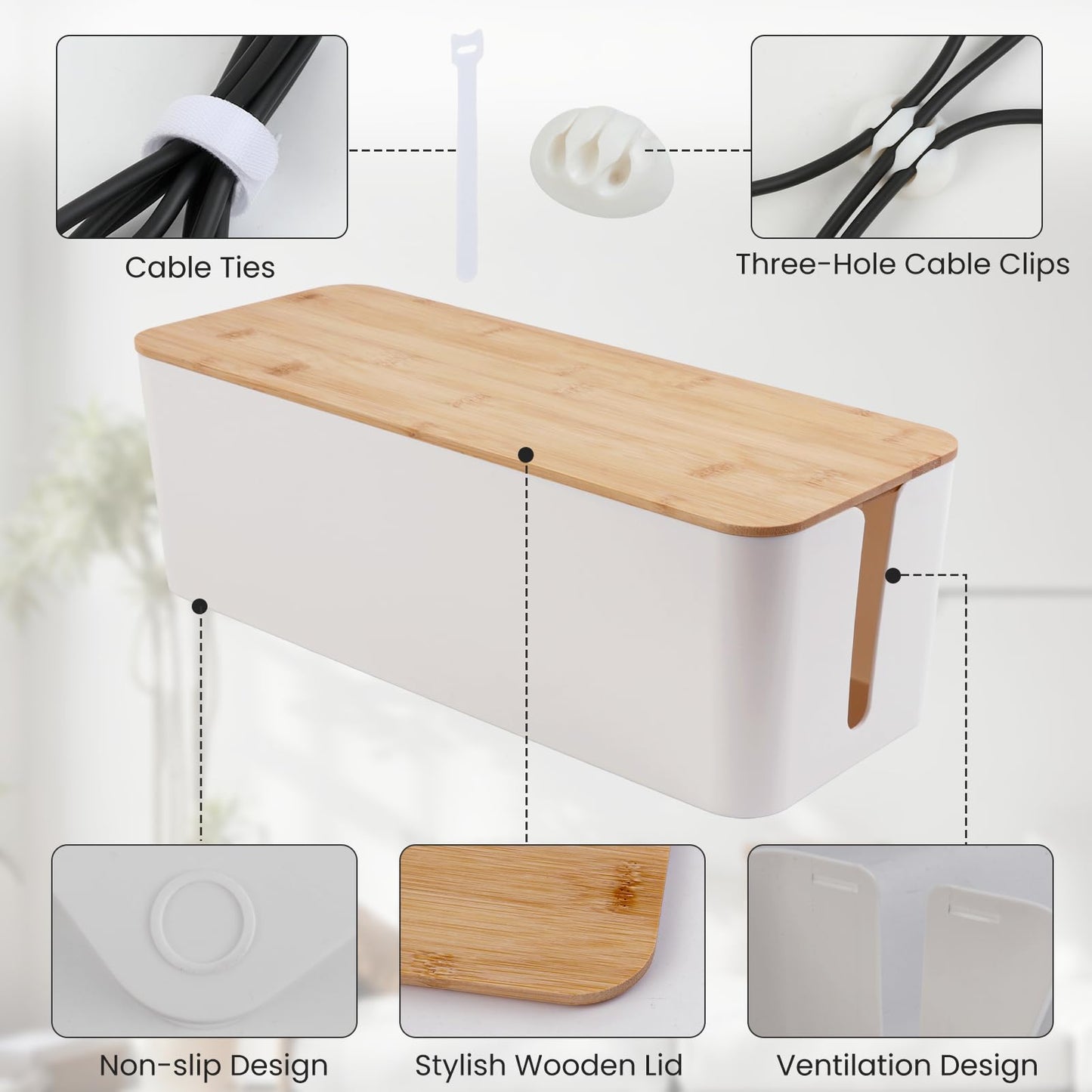 2 Pack Cable Management Box - Cord Organizer Box with Wooden Lid for TV Wires, Power Strips, Router, USB Hub & Under Desk Power: Baby & Pet Proof Cord Management, Cord Hider for Home & Office (White)
