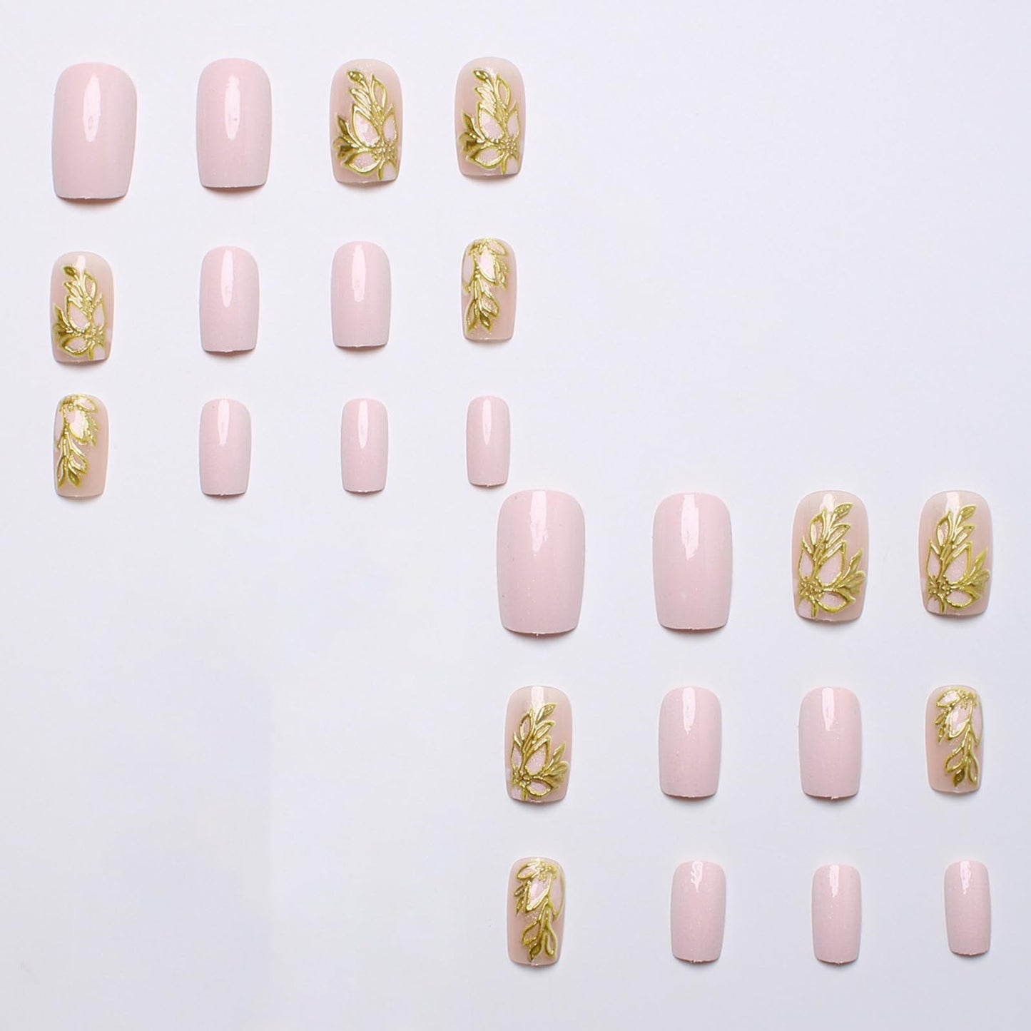 SINHOT Square Press on Nails - Medium Fake Nails, Glossy Finish, Gold Chrome Butterfly & Nude Natural, DIY Artificial False Nail Art - 24 Pcs Nail Kit with Glue