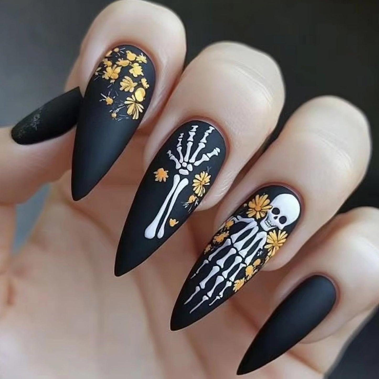 MISUD Press on Nails - Medium Almond Glue on Nails with Goth Black, Acrylic Gothic Skull Design 24 pcs
