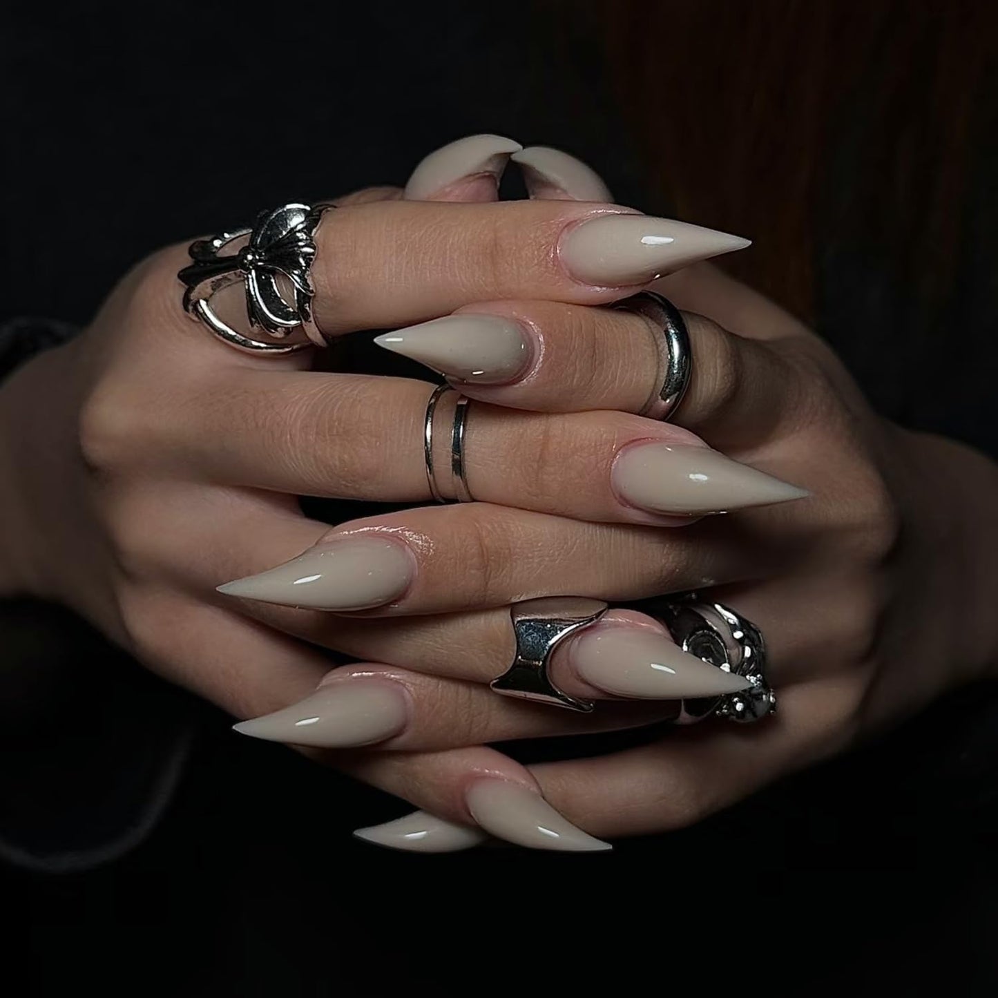 10 Pcs Luxury Medium Press on Nails Curved Stiletto Handmade Nails Press Ons Full Cover Glossy Dragon Claw Nude False Nails Reusable Acrylic Eagle Claw Stick on Nail for Women(Size M)
