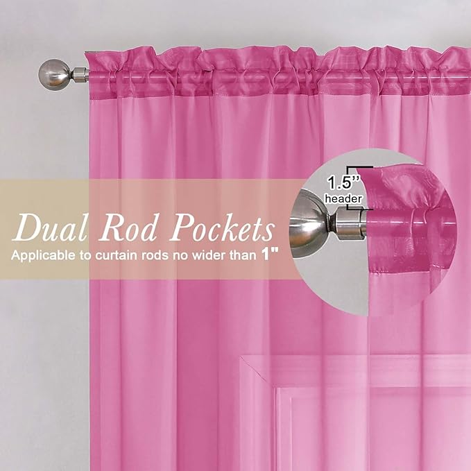 Lecloud Hot Pink Sheer Curtains 96 Inches Long 2 Panels, Rod Pockets Solid Voile Living Room Curtains for Bedroom Dining Room, Light Filtering Airy Vintage Farmhouse Drapes, Each Panel 42" W x 96" L