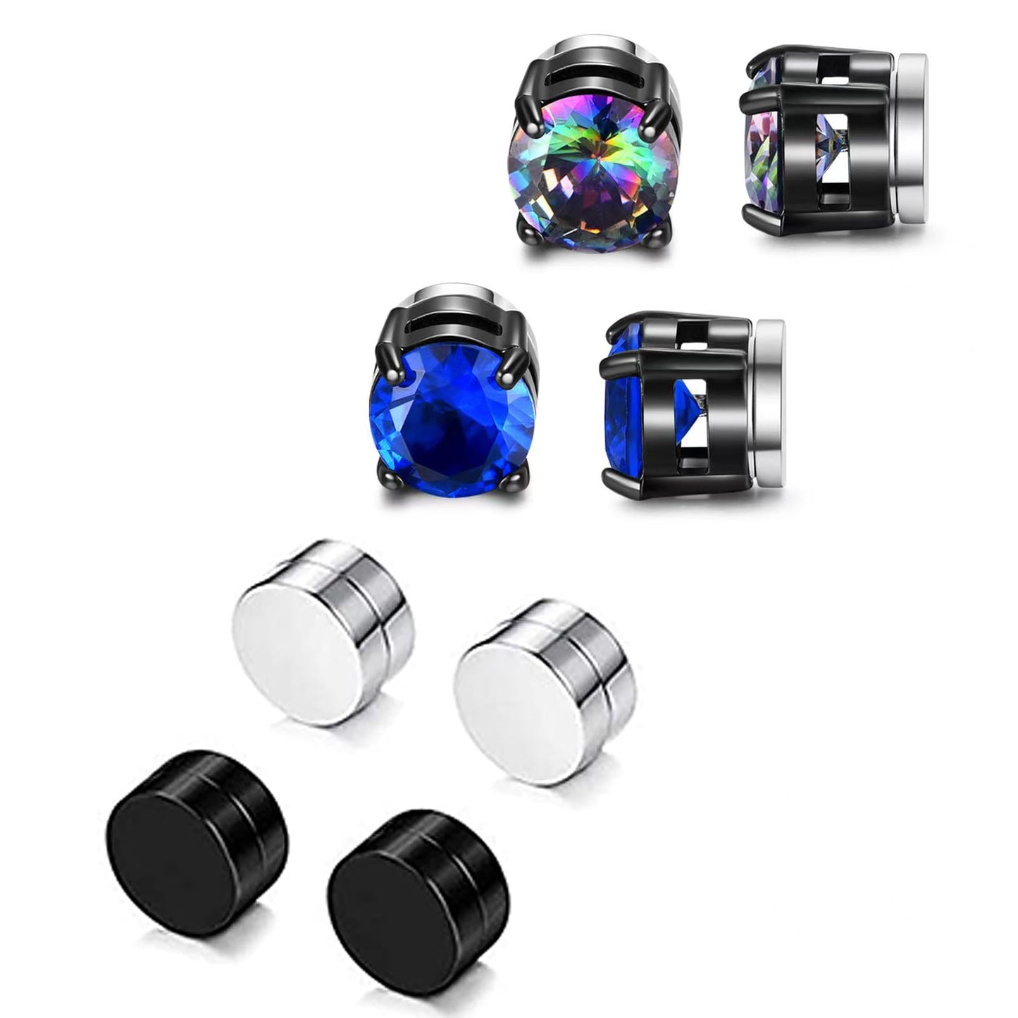 SIISPRI 4 Pairs Stainless Steel Magnetic Stud Earrings for Men Women Hypoallergenic Inlaid Cubic Zirconia Unisex Non-Piercing Clip On Stud Diamond Earrings Set