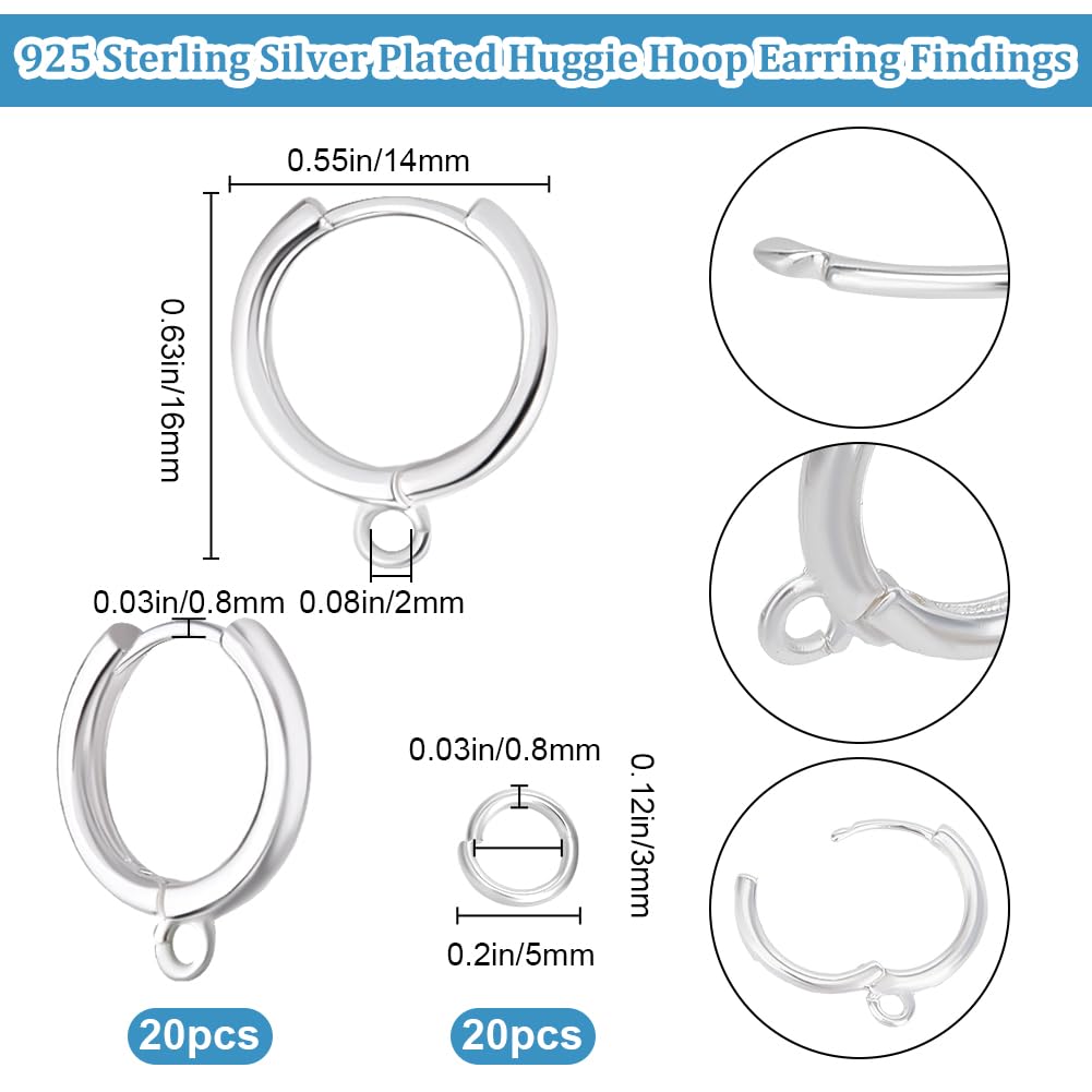 Beebeecraft 20Pcs Huggie Hoop Earring Hooks 925 Sterling Silver Plated Brass French Round Leverback Earring Findings with Open Jump Rings for Jewelry Making DIY Crafts