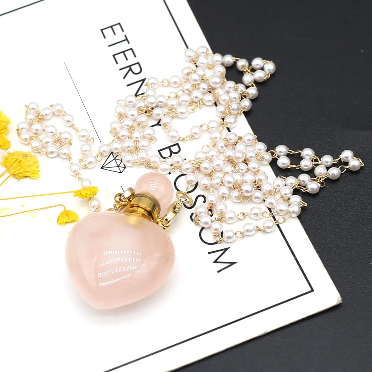 1pcs Natural Rose Quartz Stone Perfume Bottle Pendant Pearl Bead Chain Rectangle Heart Necklace for Women StonHealinge Essential Oil Diffuser Necklace Jewelry Essential Oil Diffuser