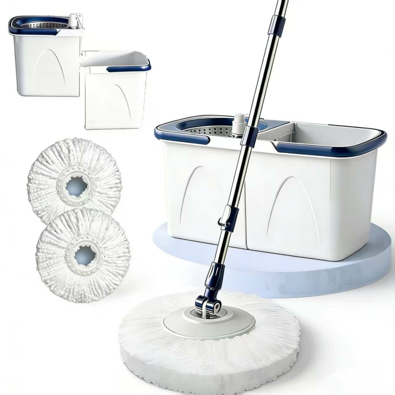 Spin Mop Bucket with Wringer, Mop with Bucket Set Includes 3 Replacement Pads, Durable Mop Bucket for Home Floor Cleaning