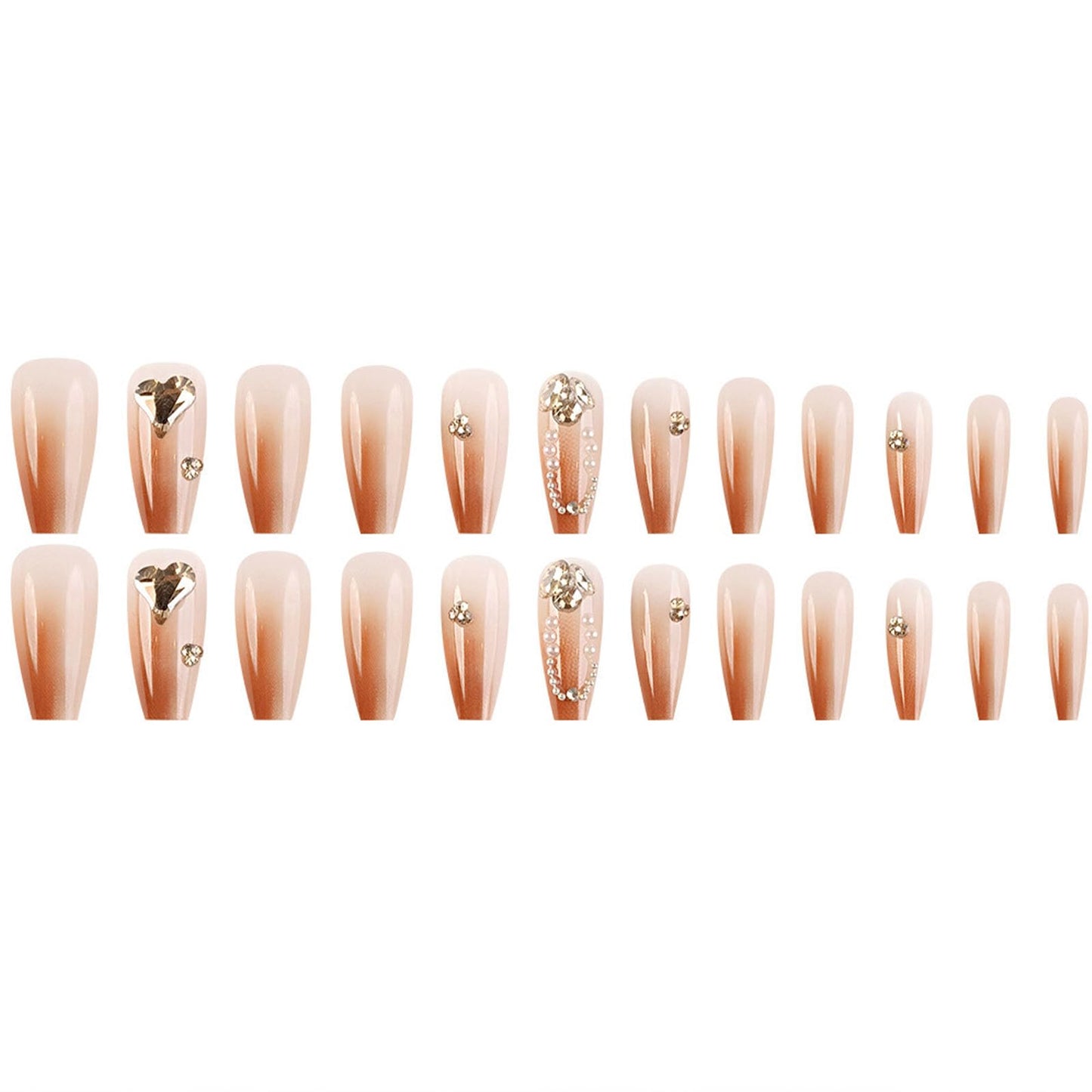 Medium Press on Nails Coffin Fake Nails with 3D Rhinestones Pearl Charms Designs Brown Nails Press ons Gradient False Nails for Women 24Pcs