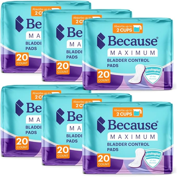 Because Incontinence Pads for Women - Maximum Absorbency, Postpartum Liners, Up to 100% Leak-Free Protection, Discreet Protection for Bladder Leaks, 6 Packs of 20 Count (120 Total)
