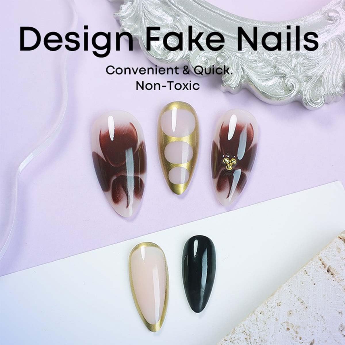 Medium Almond Press On Nails Brown Fake Nails Flower With Golden Beads Design Acrylic Full Cover Nails Artificial Nails Glossy Glue On Nails Stick On Nails For Women Manicure 24pcs