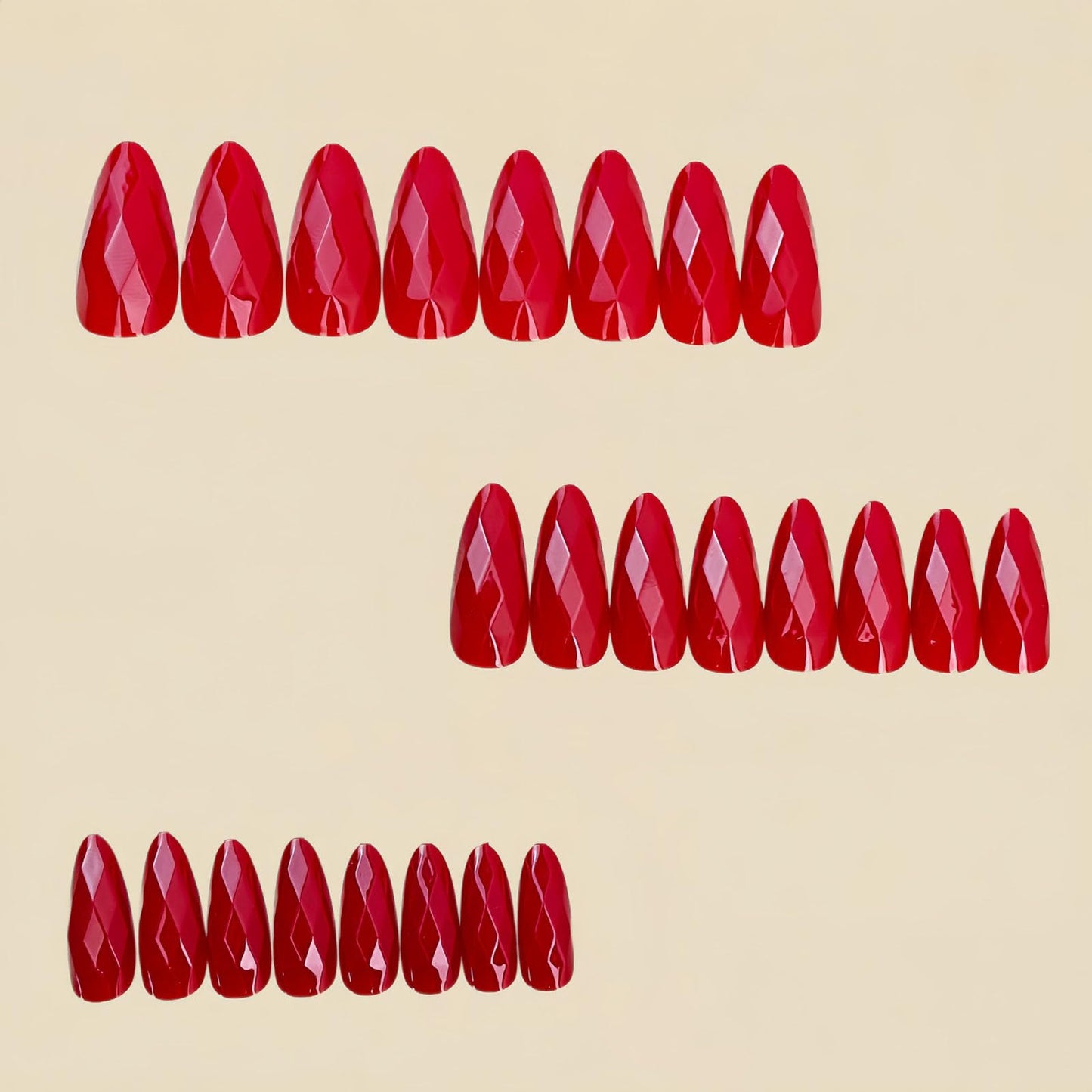 RUOKEXIN Almond Press on Nails Medium Length Fake Nails Red Chrome False Nails with 3D Rhombus Designs Full Cover Nail Press ons Sparkly Artificial Nails for Women 24Pcs