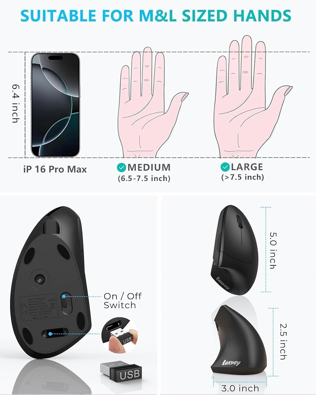 Lekvey Ergonomic Mouse, Vertical Wireless Mouse: Rechargeable Optical Carpal Tunnel Mice with 2.4G USB Receiver, 1000/1200 / 1600 DPI, 6 Buttons, for Laptop, Computer, PC, Desktop, Notebook, Black