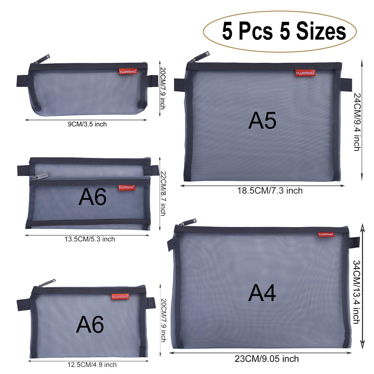 pendancy Mesh Zipper Pouch 5pcs Lightweight Nylon File Folders Document Organizer Cosmetic Bags Accessories Storage for Travel and Office Supplies (Grey, A4 A5 A6)