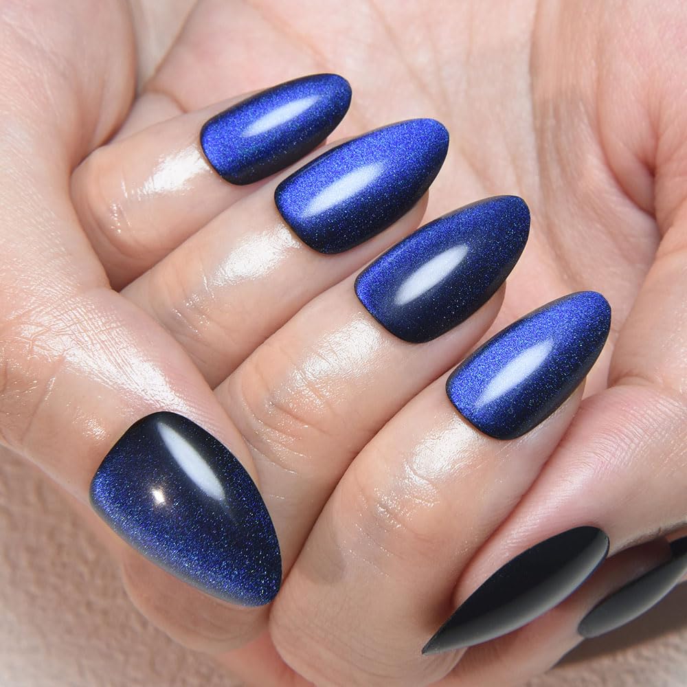 evpct Dark Blue Press on Nails Almond Short, Royal Blue Cat Eye Glitter Press on Nails for Women Gift, Soft Gel Press Stick on Nail with Nail Kit, Full Cover, 30Pcs Reusable Acrylic Fake Nails Kit