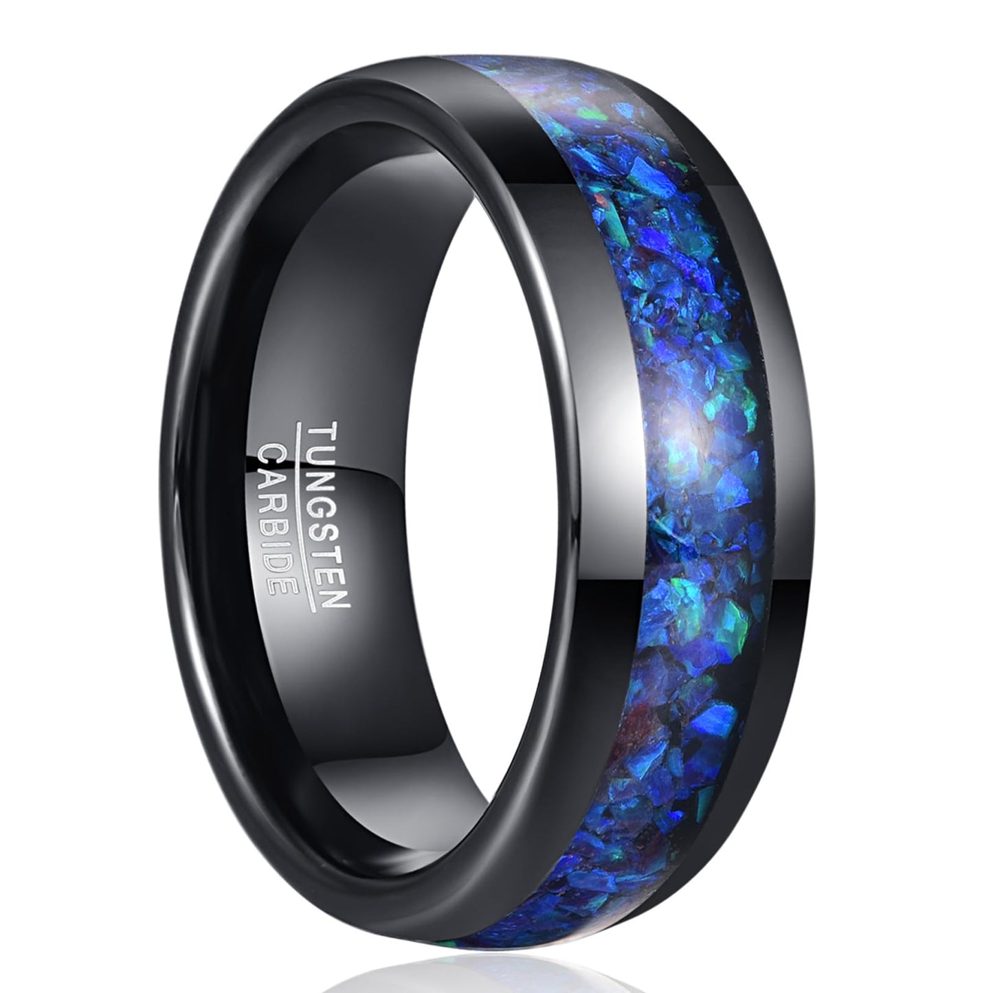 NUNCAD Mens Tungsten Wedding Bands Blue Opal Inlaid Men Black Ring Wedding Ring Dome Polished Finish 8mm Comfort fit Sizes 11