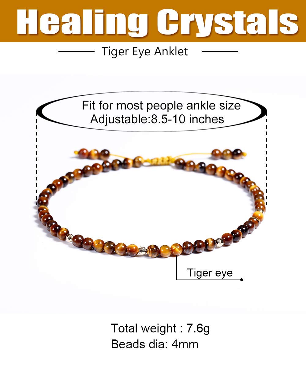 Jewever Tiger Eye Anklet Bracelet for Women crystals and healing stones Beach Foot Beaded Adjustable(8.5-10 Inches)