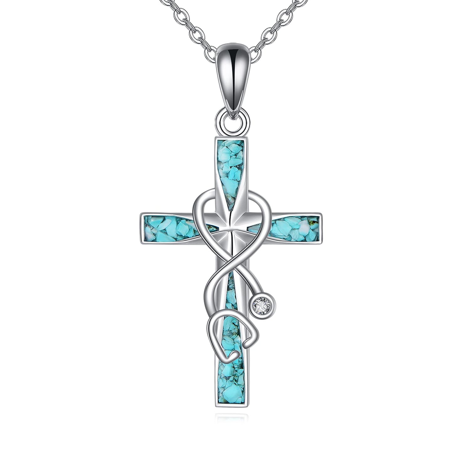 ONEFINITY Turquoise Cross Necklaces for Women 925 Sterling Silver Stethoscope Necklace Cross Jewelry Gifts for Nurses Doctors
