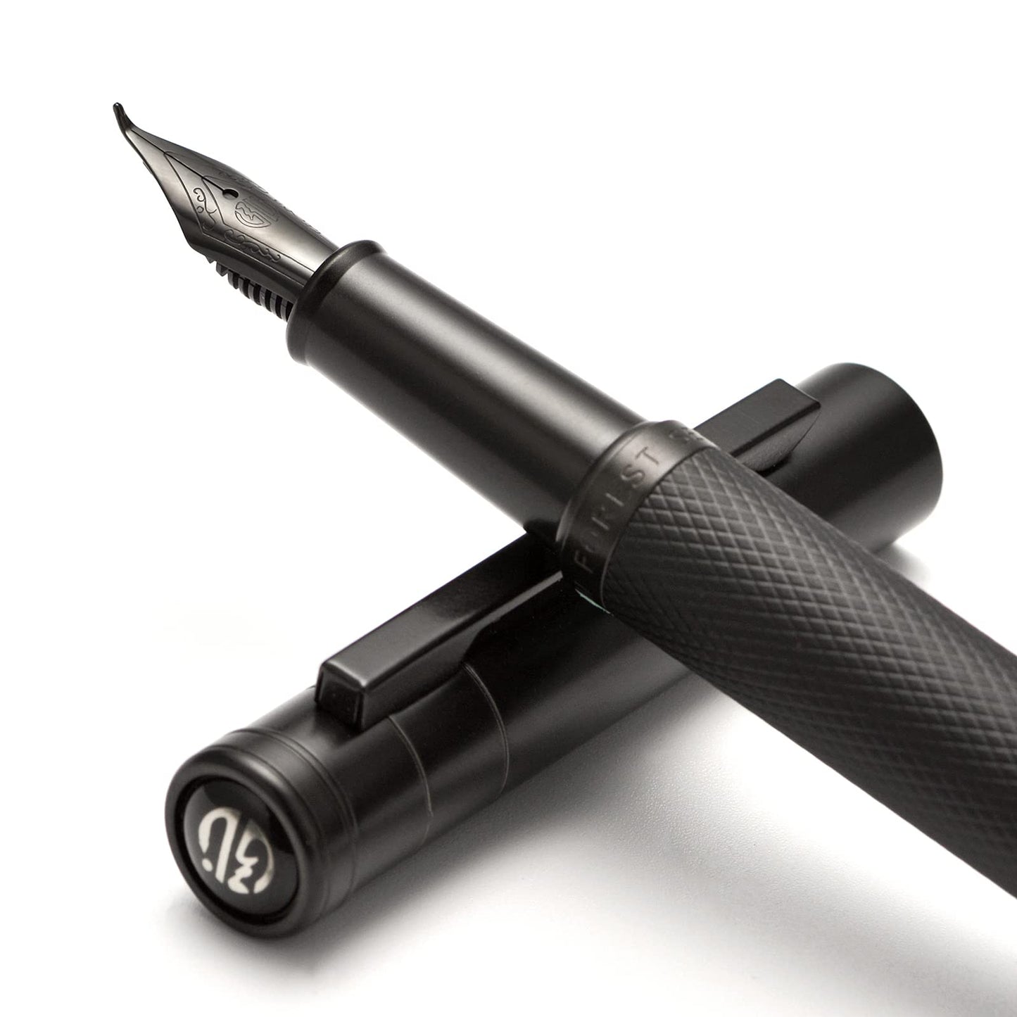 Brushed Black Forest Fude Pen, Bent Nib Calligraphy Fountain Pen (Fine to Broad) with Converter and Metal Box Set by Asvine
