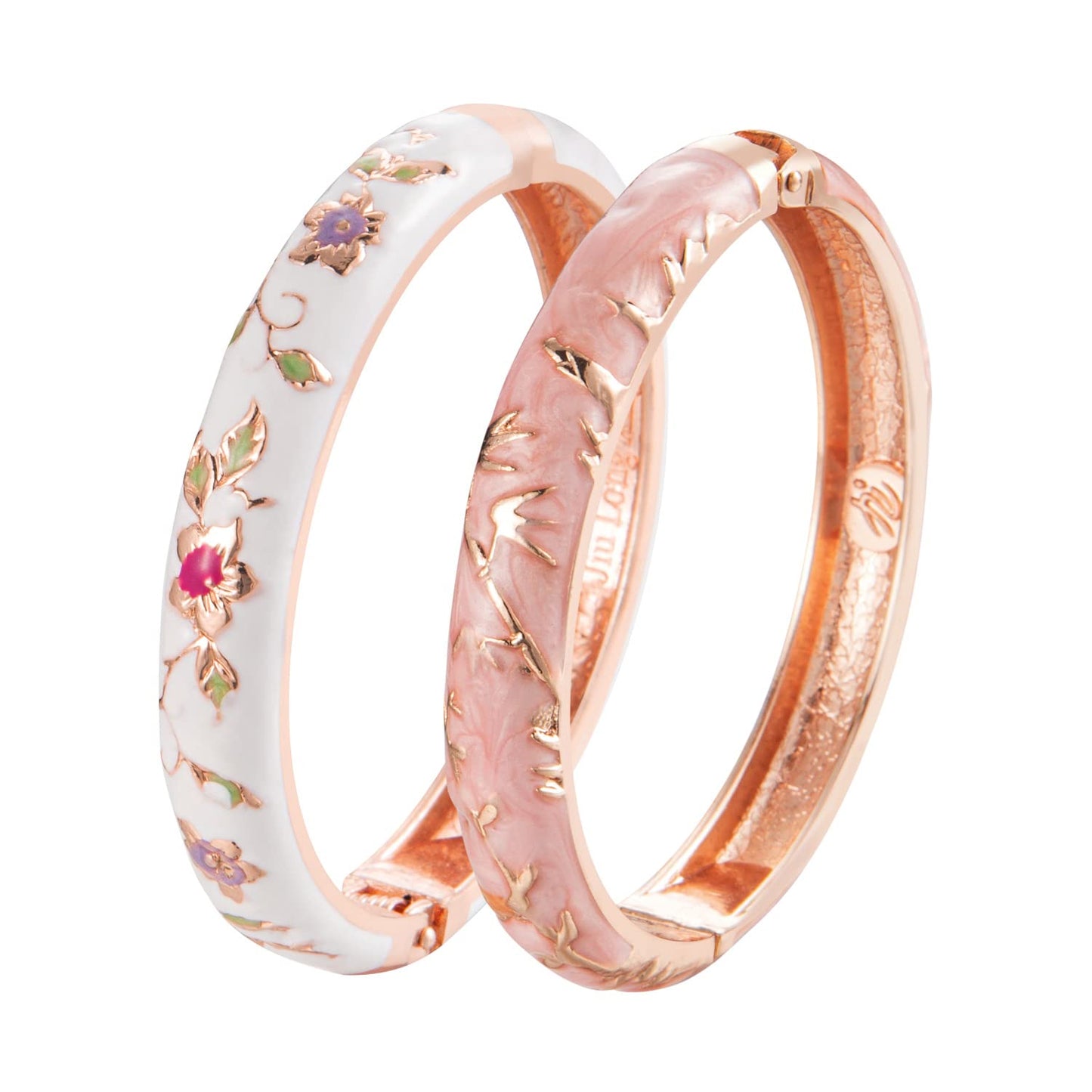 UJOY Elegant Bracelet Plated Enameled Jewelry Spring Hinge Metal Cuff Cloisonne Bangles Set Gift Box Packed 55A117 White Pink