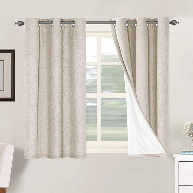 H.VERSAILTEX Primitive Linen Curtains 100% Blackout Curtain Drapes Burlap Curtains with White Thermal Insulated Liner, Grommet Top Drapes Living Room/Bedroom (2 Panels, 42 x 45 Inch, Natural)