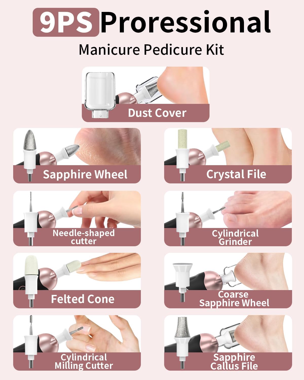 9pcs Nail Drill Bits Sets with 50Pcs File Sanding Bands, Professional Rotary Cuticle Remover Bits Kit Cuticle Remover Bits for Acrylic Nail Manicure Pedicure Tools