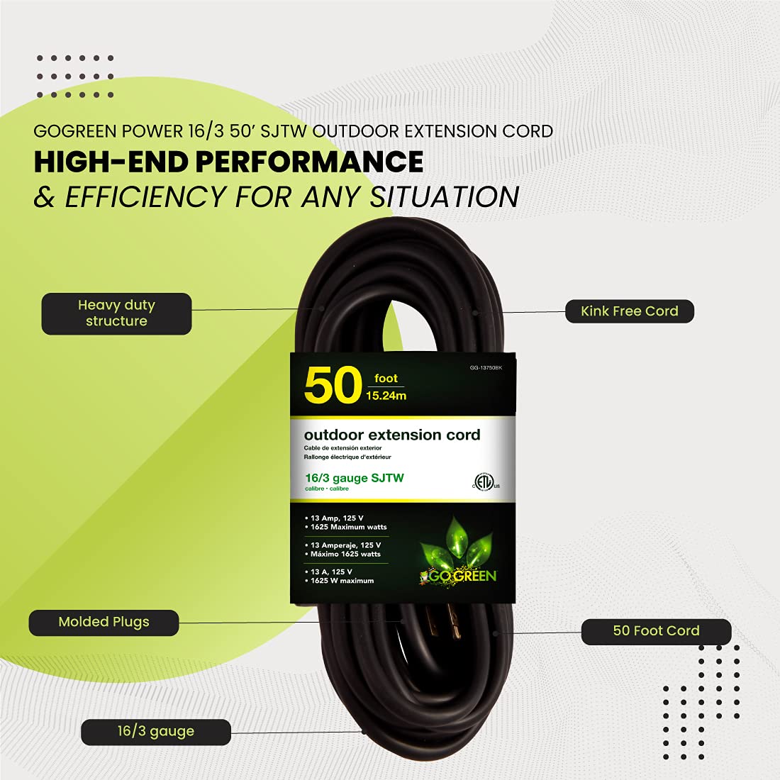 Power By GoGreen Go Green Power Inc. 16/3 50ft Black Outdoor Extension Cord - Durable, Heavy Duty, Moisture Resistant - Ideal for Tools & Equipment - GG-13750BK