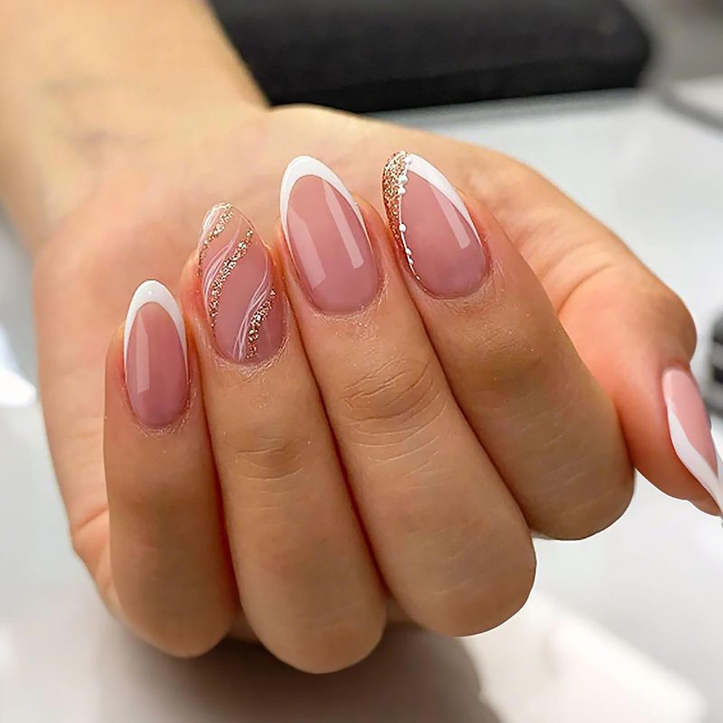 Short Almond Press on Nails With Designs Nude Pink White Fake Nails Press ons Acrylic False Glossy Artificial Full Cover Stick on Nails for Women Girls 24 Pcs