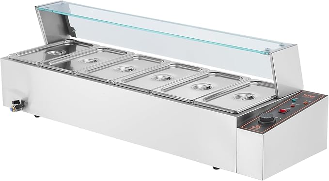 VEVOR 6-Pan Commercial Food Warmer, 6 x 8QT Electric Steam Table with Glass Cover, 1500W Countertop Stainless Steel Buffet Bain Marie 86-185°F Temp Control for Catering, Restaurants, Silver
