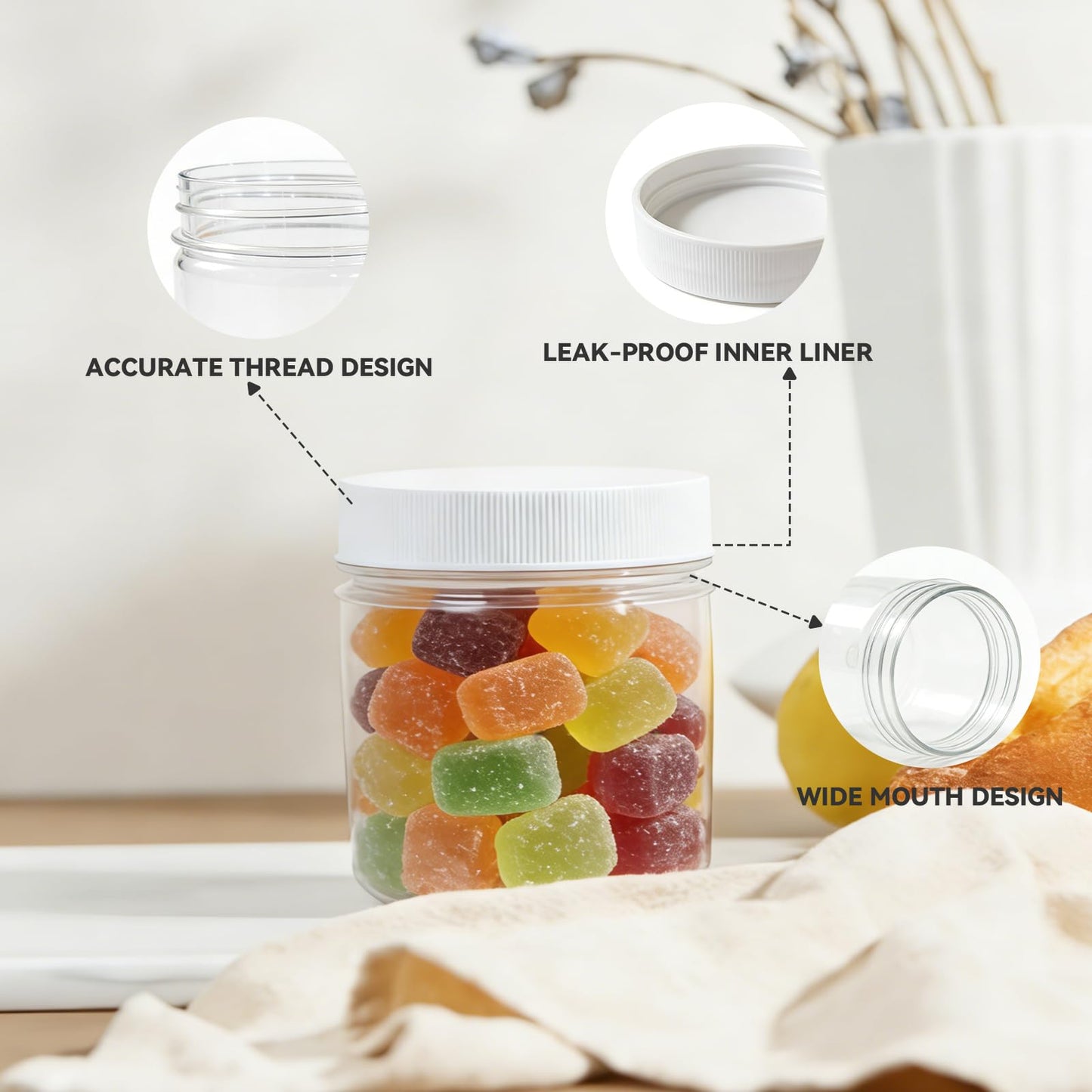 novelinks 8 oz Clear Plastic Jars with Airtight Lids, 8oz PET Plastic Containers, Refillable Storage Slime Containers & Small Spice Jars for Kitchen Organization (White, 24 Pack)