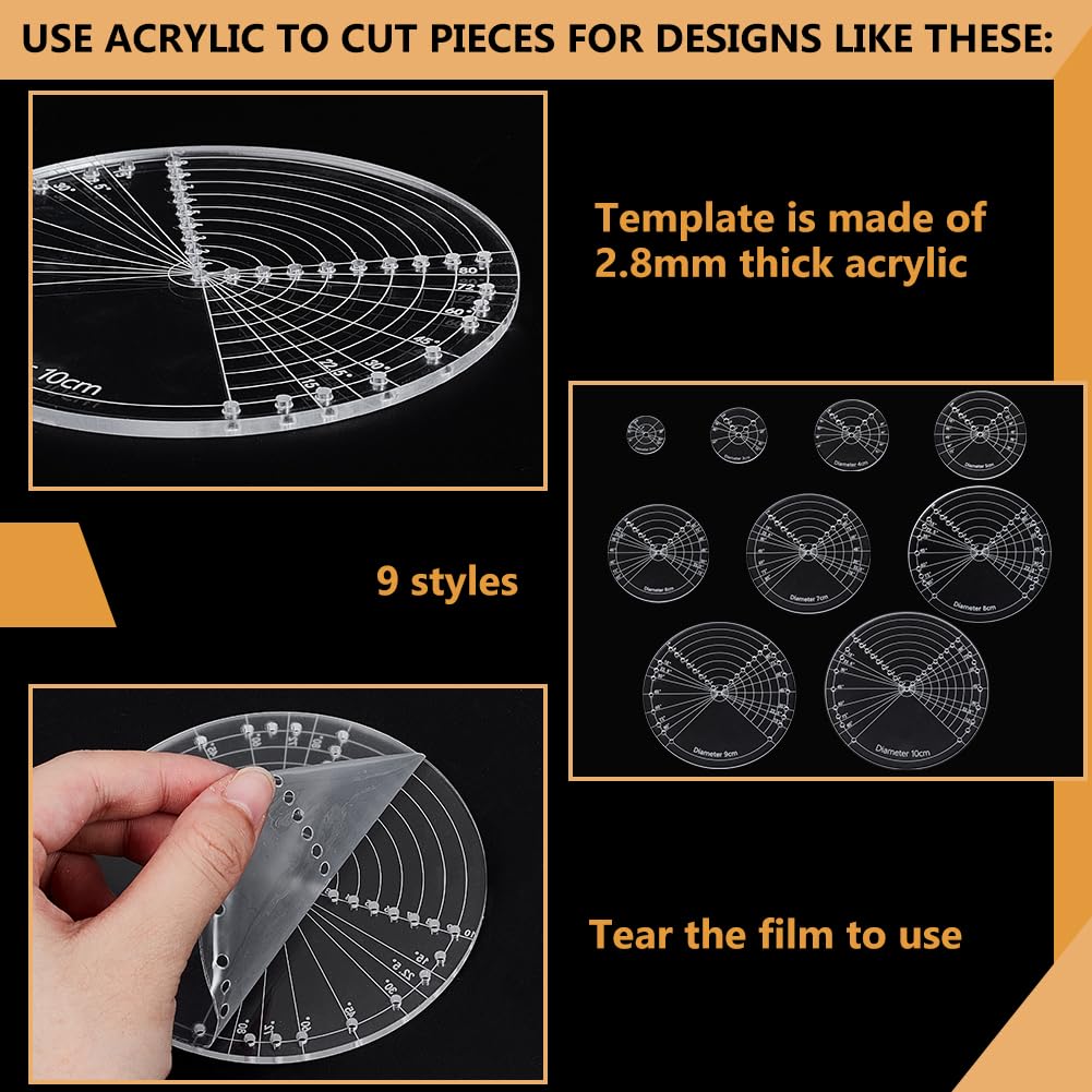 BENECREAT 9Sizes Acrylic Round Center Finder Compass, 2~10cm Diameter Center Finder Tools, Sashiko Embroidery Drawing Template Quilt Stitch Rulers for Woodworking, Quilting and Embroidery