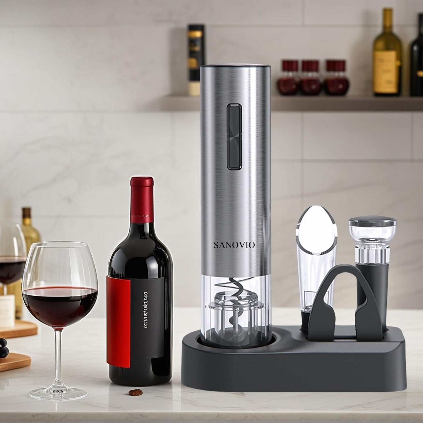 SANOVIO 6-in-1 Electric Wine Opener Set - Rechargeable Automatic Corkscrew with Vacuum Sealer, Wine Aerator, Foil Cutter & Charging Base,Valentine's Day Gifts, Wine Lovers (Stainless Steel)