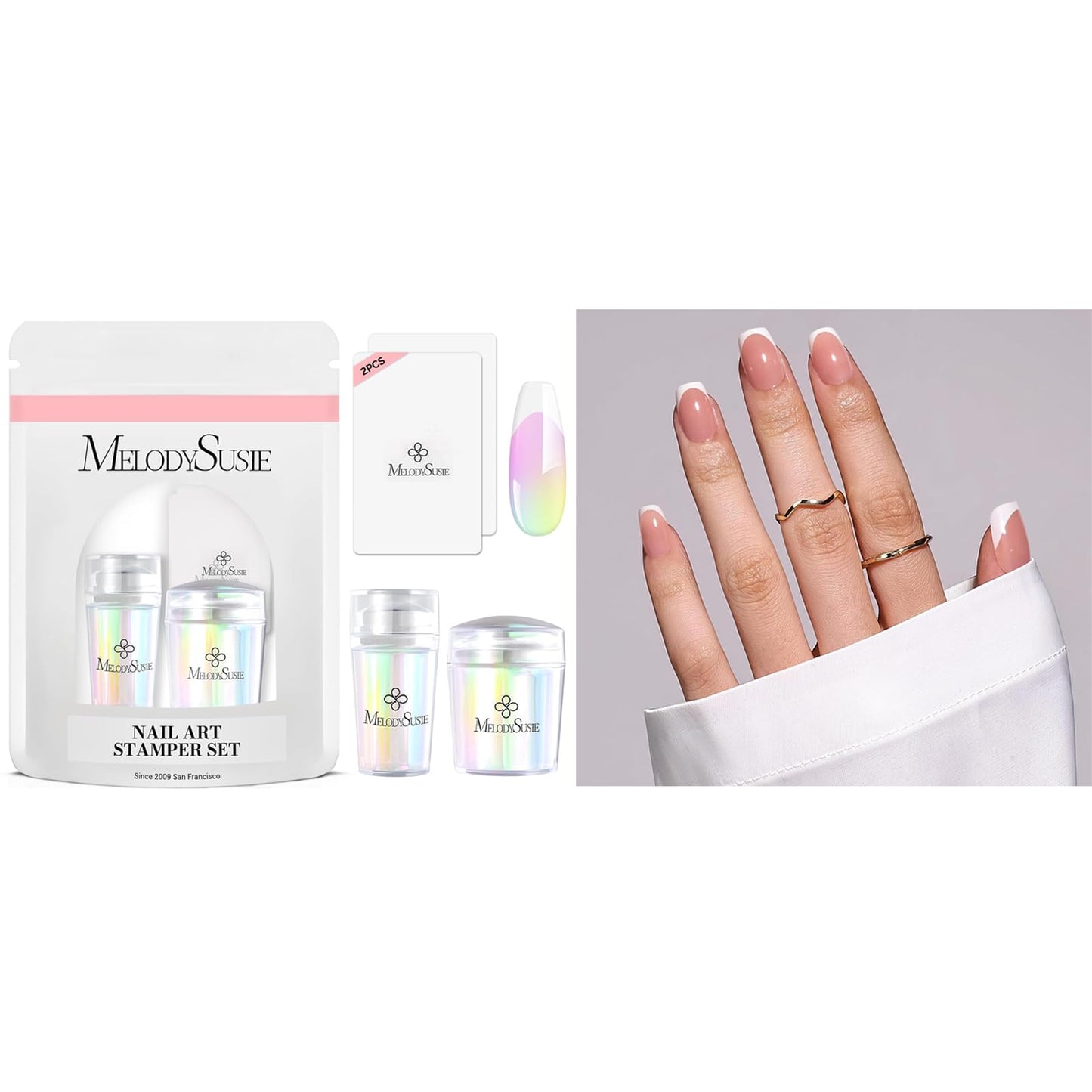 MelodySusie Nail Stamper Kit, 2 Sets Silicone French Tip Upgrade Stamp Tool MelodySusie Press-On Nails Short Square White French Tips
