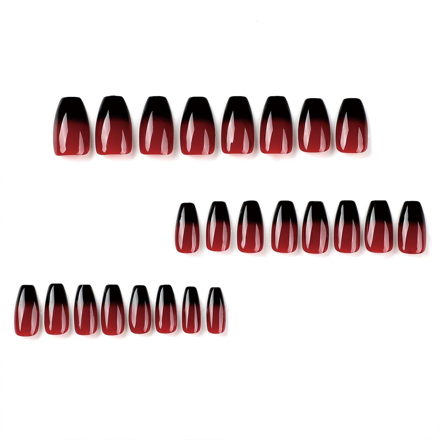 SINHOT Medium Press on Coffin Fake Nails - Black Red Goth Ballerina Acrylic Glossy Glue on Stick on False Nails with Design - 24pcs