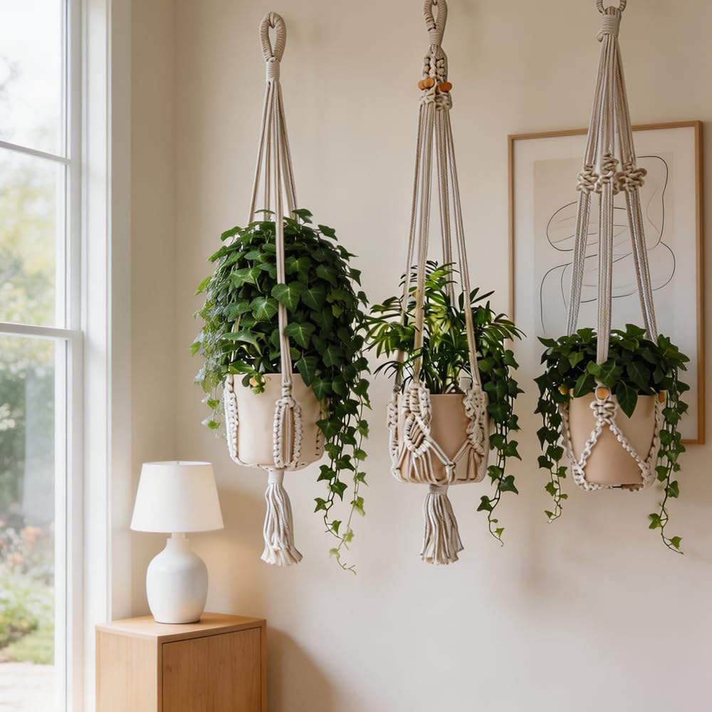 TENEWEE 3 Pack Macrame Plant Hangers Handmade Woven Boho Hanging Planters for Indoor Plants Window Balcony Home Decor