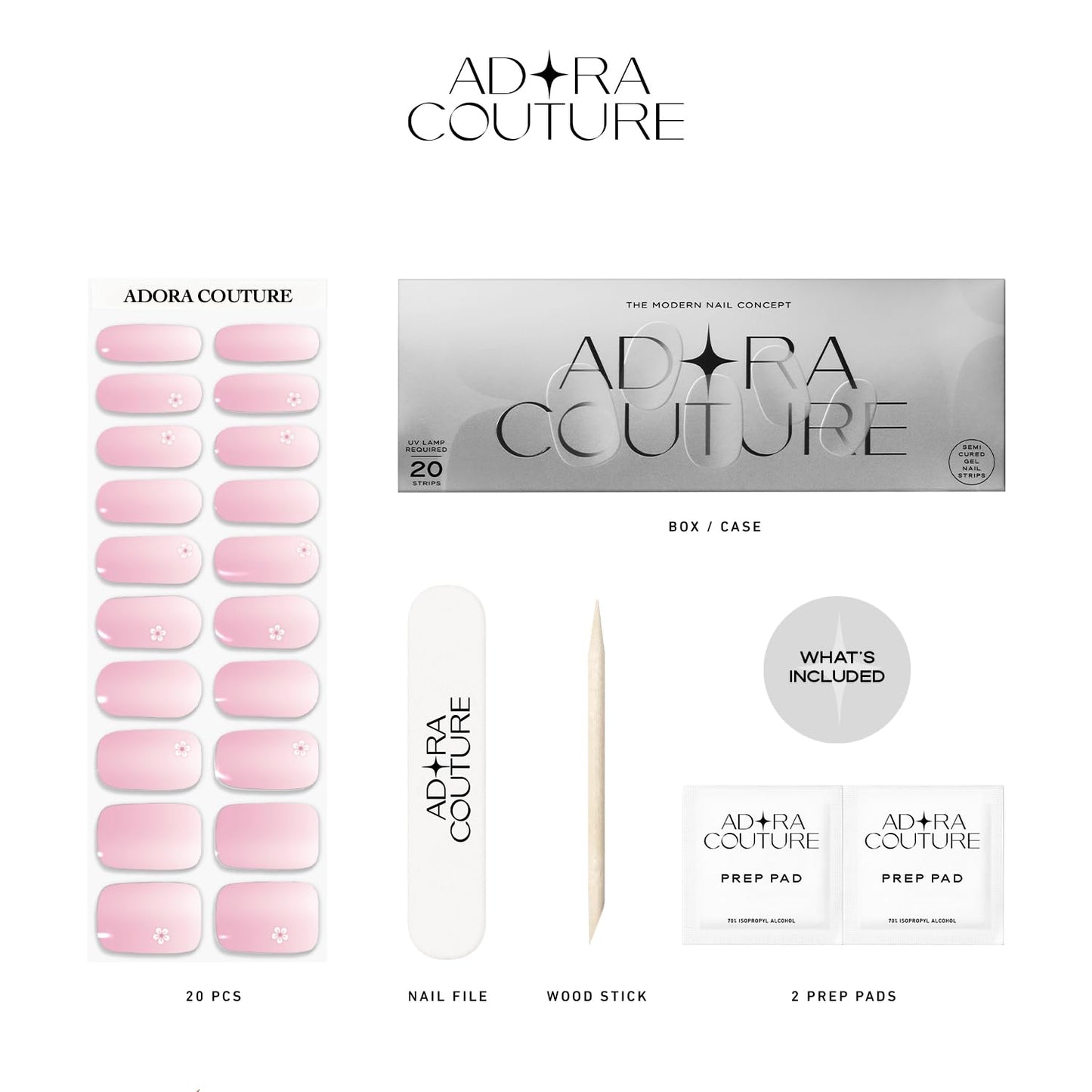 Adora Couture Semi-Cured Gel Nail Strips - 20 Salon-Quality Gel Sticker with UV Light Required, Long Lasting, Easy Application & Removal, Includes Prep Pad, Nail File, Wooden Stick – Pink Cherry