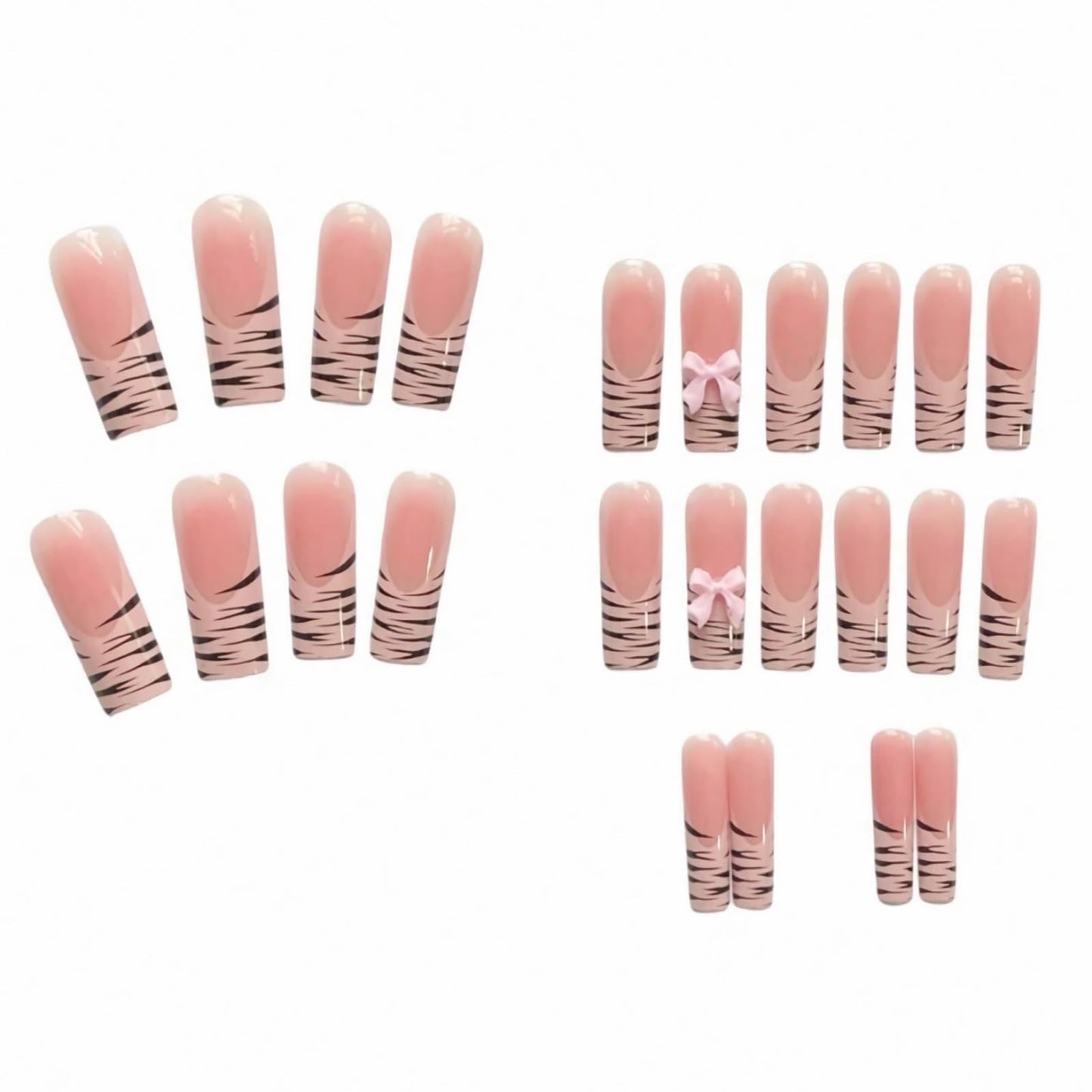 MISUD Press on Nails - Long Square Fake Nails with Zebra French Tip, Acrylic Pink Bow Design 24 pcs
