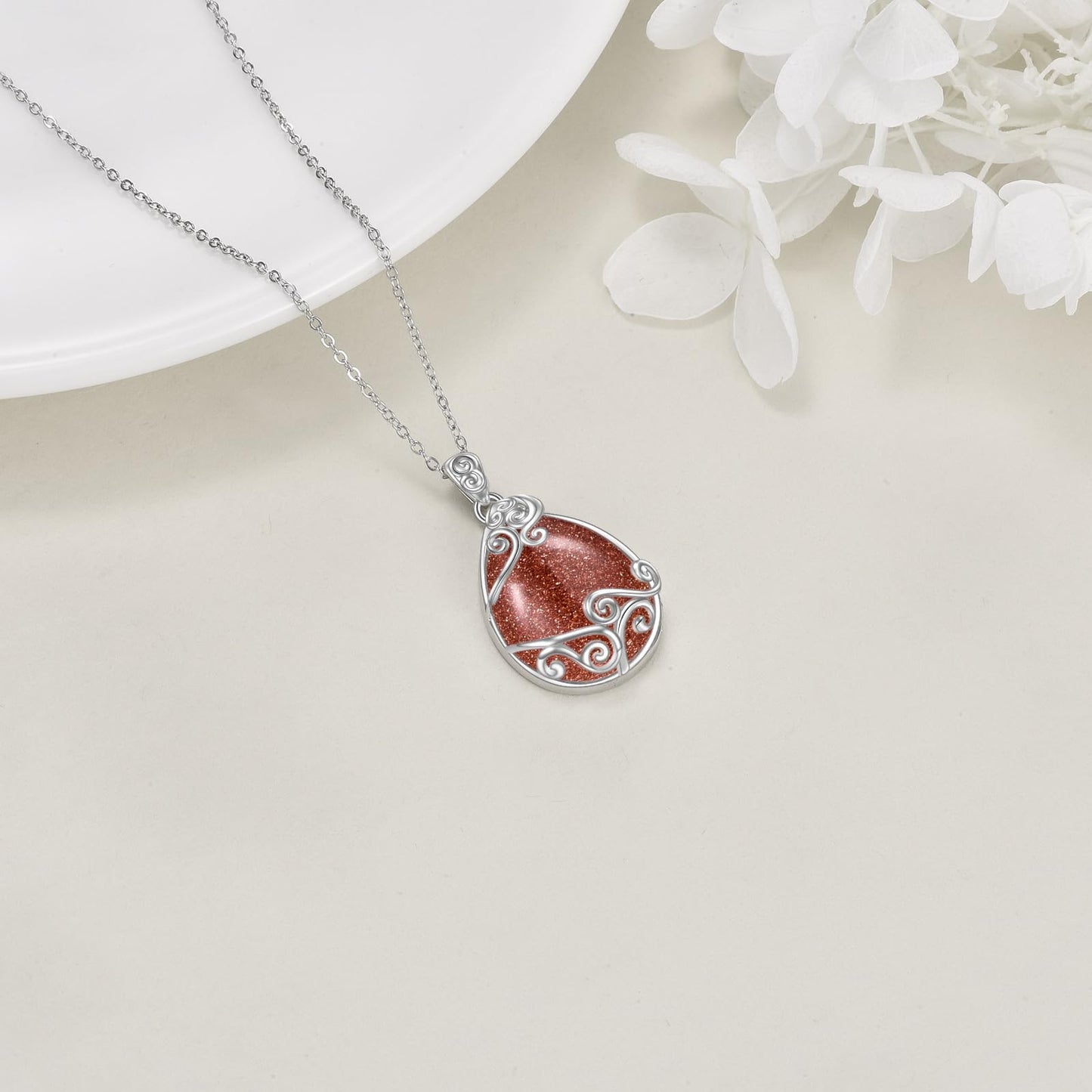 YAFEINI 925 Sterling Silver Gold Sand Stone Filigree Teardrop Necklace for Women