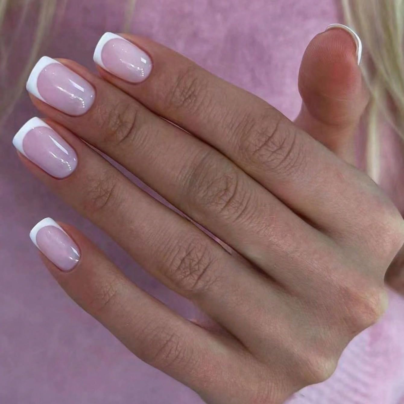 Medium Square Press On Nails French Tip Fake Nails Nude False Nails With Design Cute Glue On Nail Full Cover Stick On Nail Acrylic Artificial For Women DIY Manicure Art Decoration 24Pcs