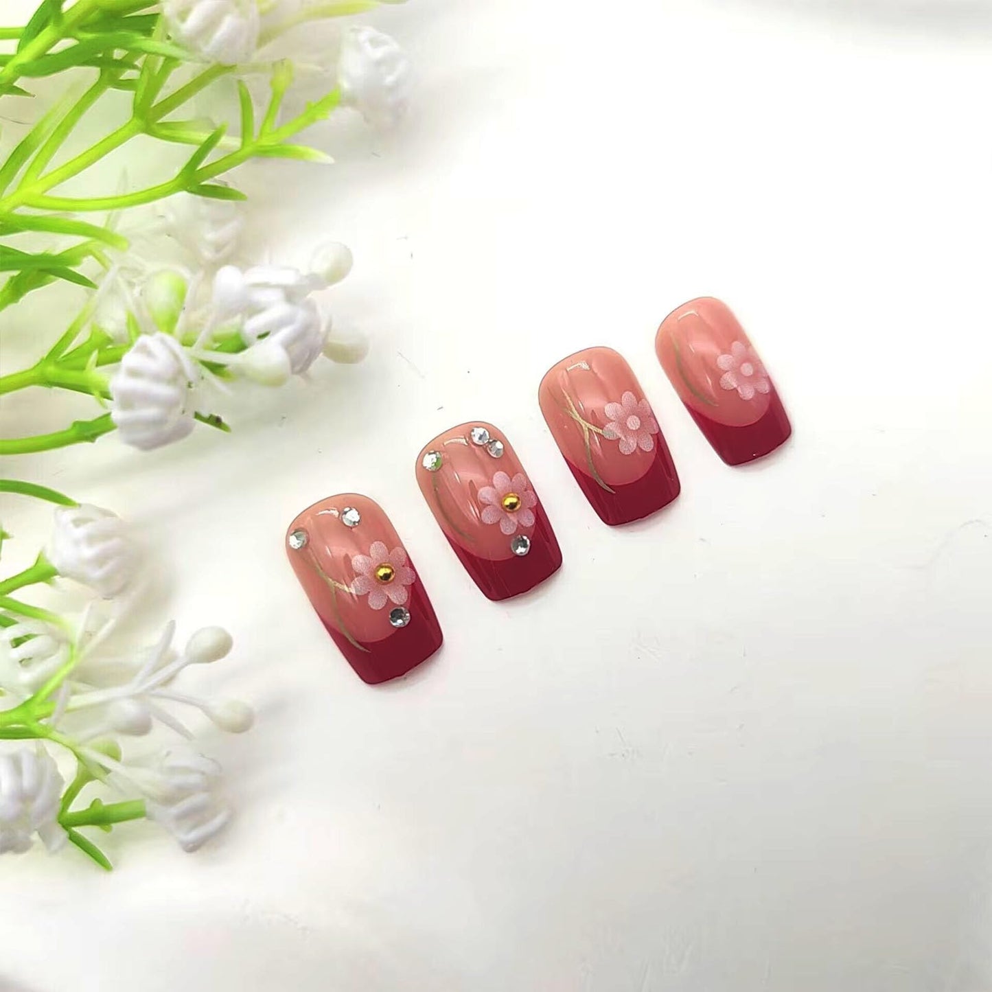 French Tip Press on Nails Square Medium Fake Nails Silver Lines Yellow Rhinestones Pink Flower Designs Glossy Nails Press ons Nude Glue on Nails Acrylic Artificial Stick on Nails for Women 24Pcs
