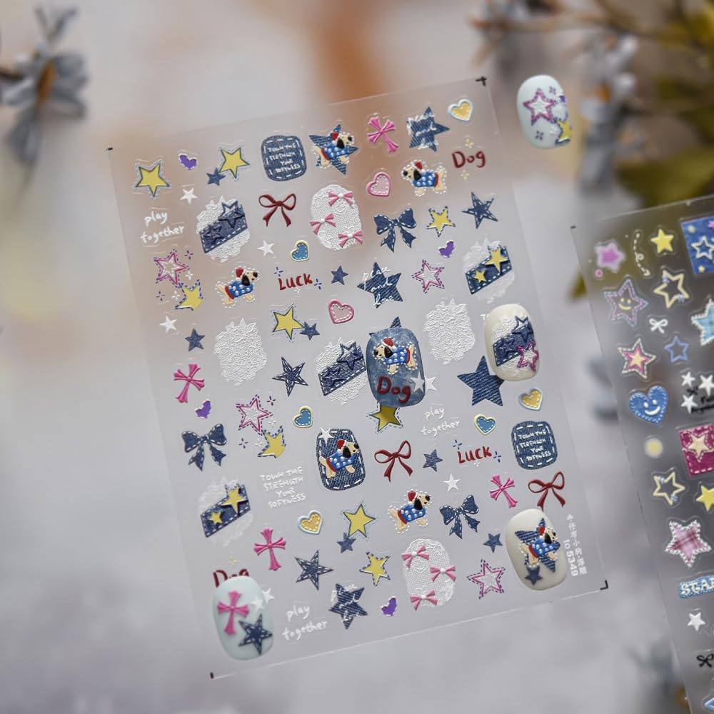 SOFTSOUL 5D Embossed Nail Stickers – Premium Salon-Grade Nail Art Stickers, Self-Adhesive Nail Decals, Long-Lasting, Detailed Textured Designs, Easy DIY Manicure, Home or Salon Use (Y2K Denim Stars)