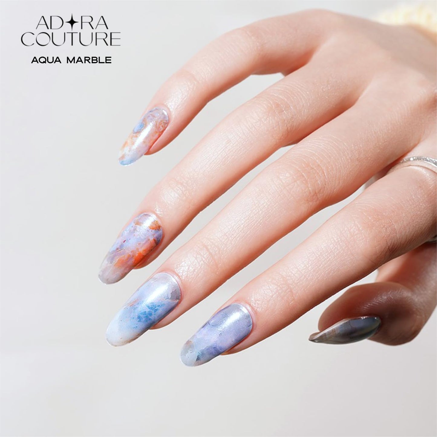 Adora Couture Semi Cured Gel Nail Strips with 20 Pieces - UV Gel Stickers, Manicure Kit, Easy Application Wraps Includes Prep Pads, Nail File, Wooden Stick - UV Light Required (Aqua Marble)