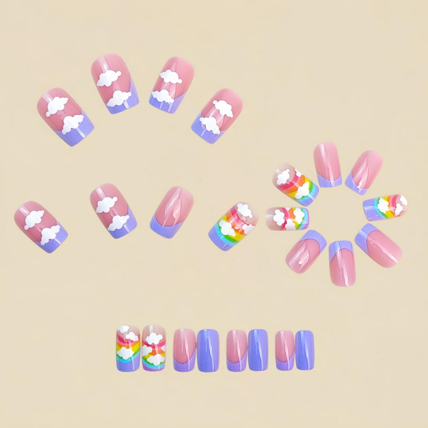 24pcs Colorful Press on Nail Medium Length Square Fake Nails Purple French Tip Press ones with Cloud Rainbow designs Stick on Nail Glossy Full Cover Cute Glue on Nails for Women Summer
