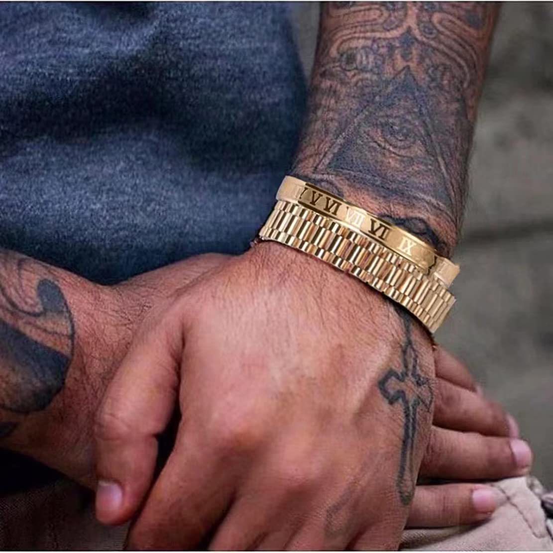 Jarlinwel Gold Silver Plated Bracelets for Men Women Roman Numeral Bangle Bracelet Stainless Steel Personalized Engraved Unisex Gift (2 Pcs Strap Bracelet)