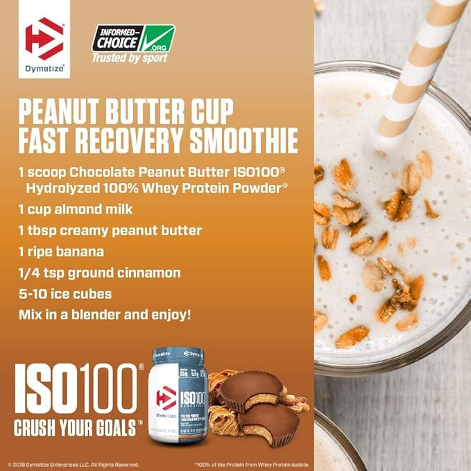 Dymatize ISO100 Whey Protein Powder Isolate, Chocolate Peanut Butter, 25g of Protein, 5 Pound, 5.5g BCAAs, Less Than 120 Cal., Gluten Free, 1g Fat, 1g Sugar, 2g Carb